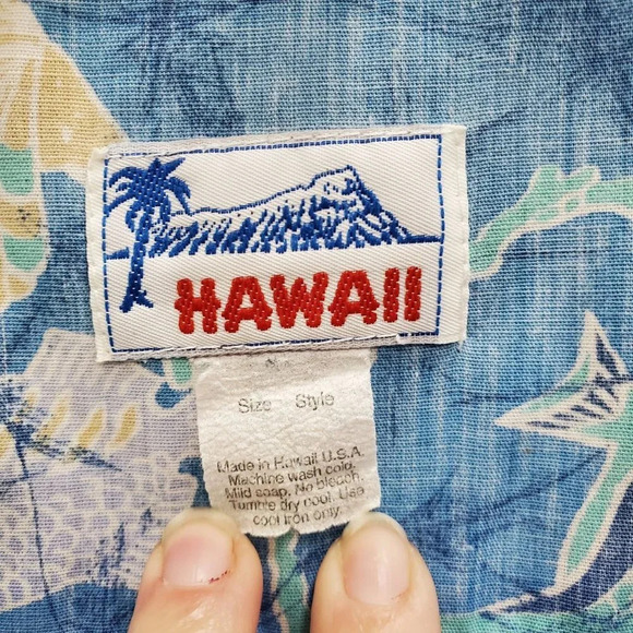 Hawaii Men's Vintage Blue Pastel Sea Ocean Print Button‎ Up Shirt USA Made Sz XL - Picture 3 of 4